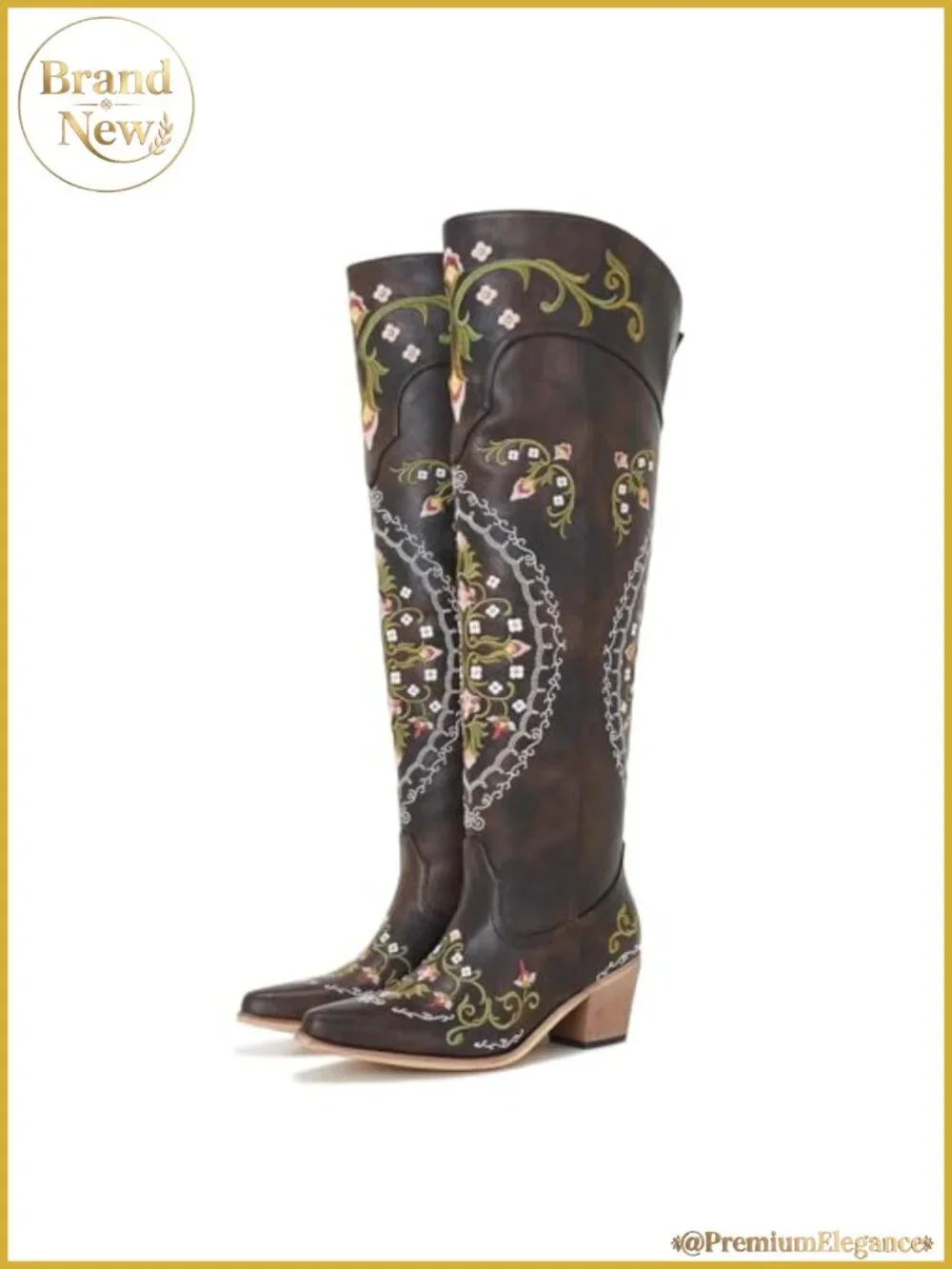 Faux Leather Over-the-Knee Cowgirl Boots with Floral Embroidery and Block Heel